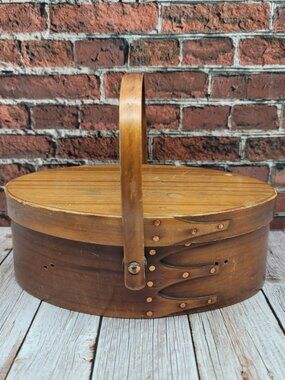 Antique Moire Lined Shaker Handled Sewing Basket Box